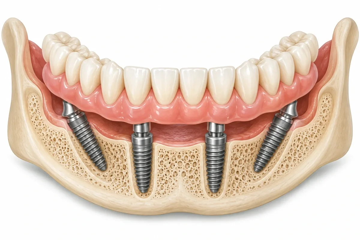 Cross-section illustration of a lower jaw with a full-arch bridge attached to four implants, the two rear implants angled
