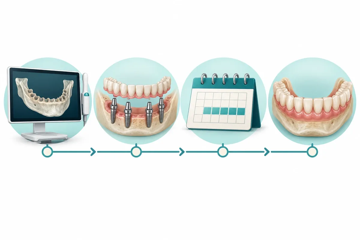 Illustrated timeline of full-arch implant treatment in four stages: planning scan, surgery with temporary bridge, healing months, final bridge
