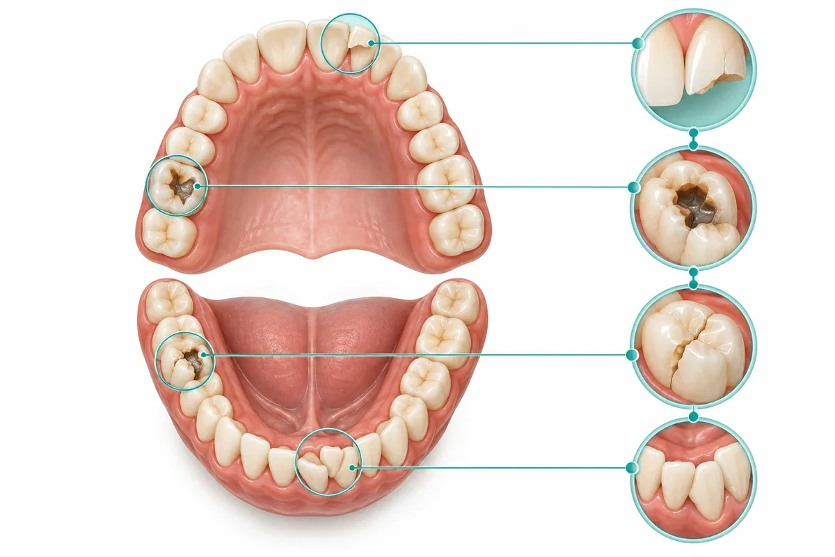 Illustration of a jaw with several marked problem areas connected by lines to a single organized, staged treatment plan