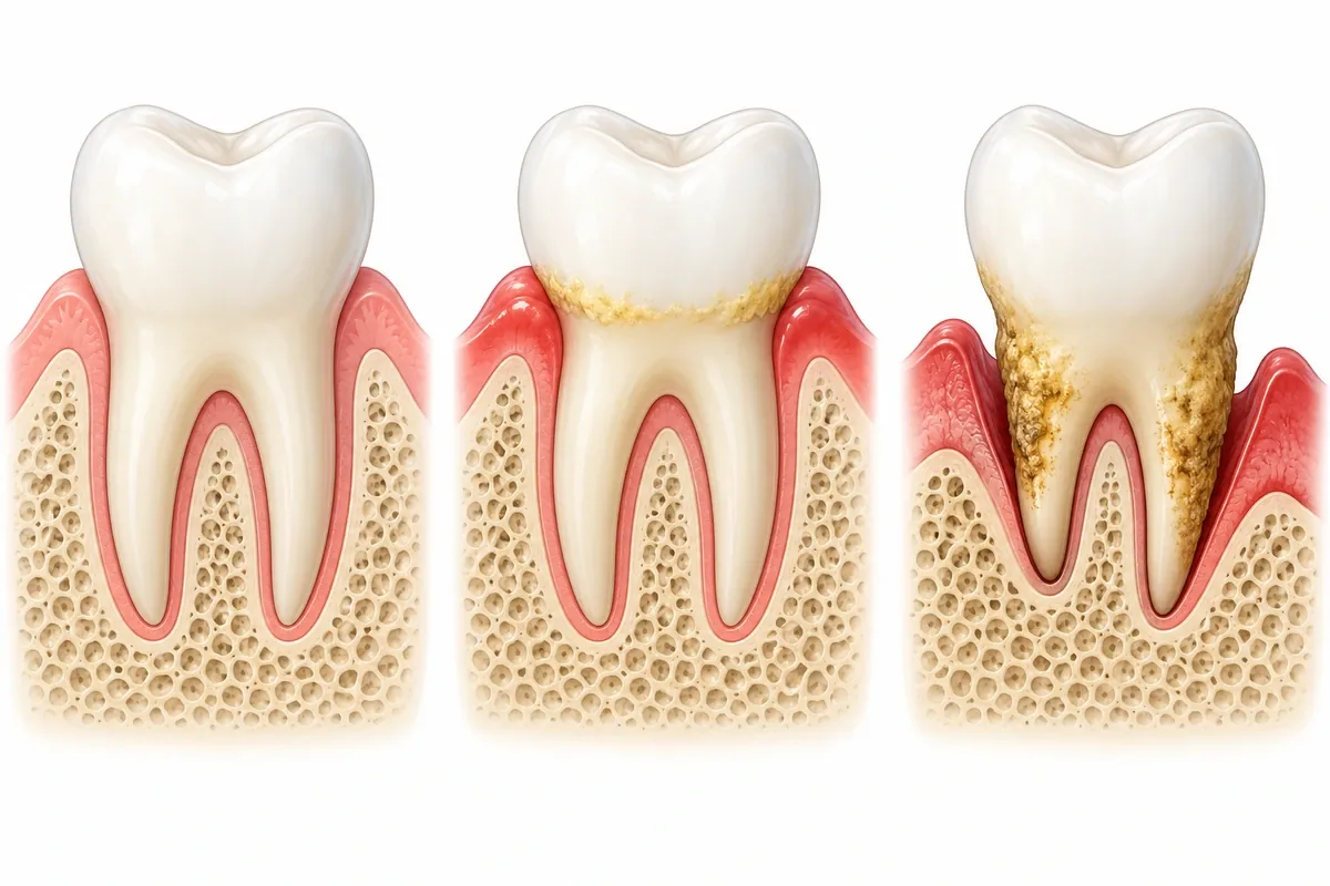 Side-by-side illustration of healthy gums, inflamed gingivitis, and periodontitis with a pocket and bone loss