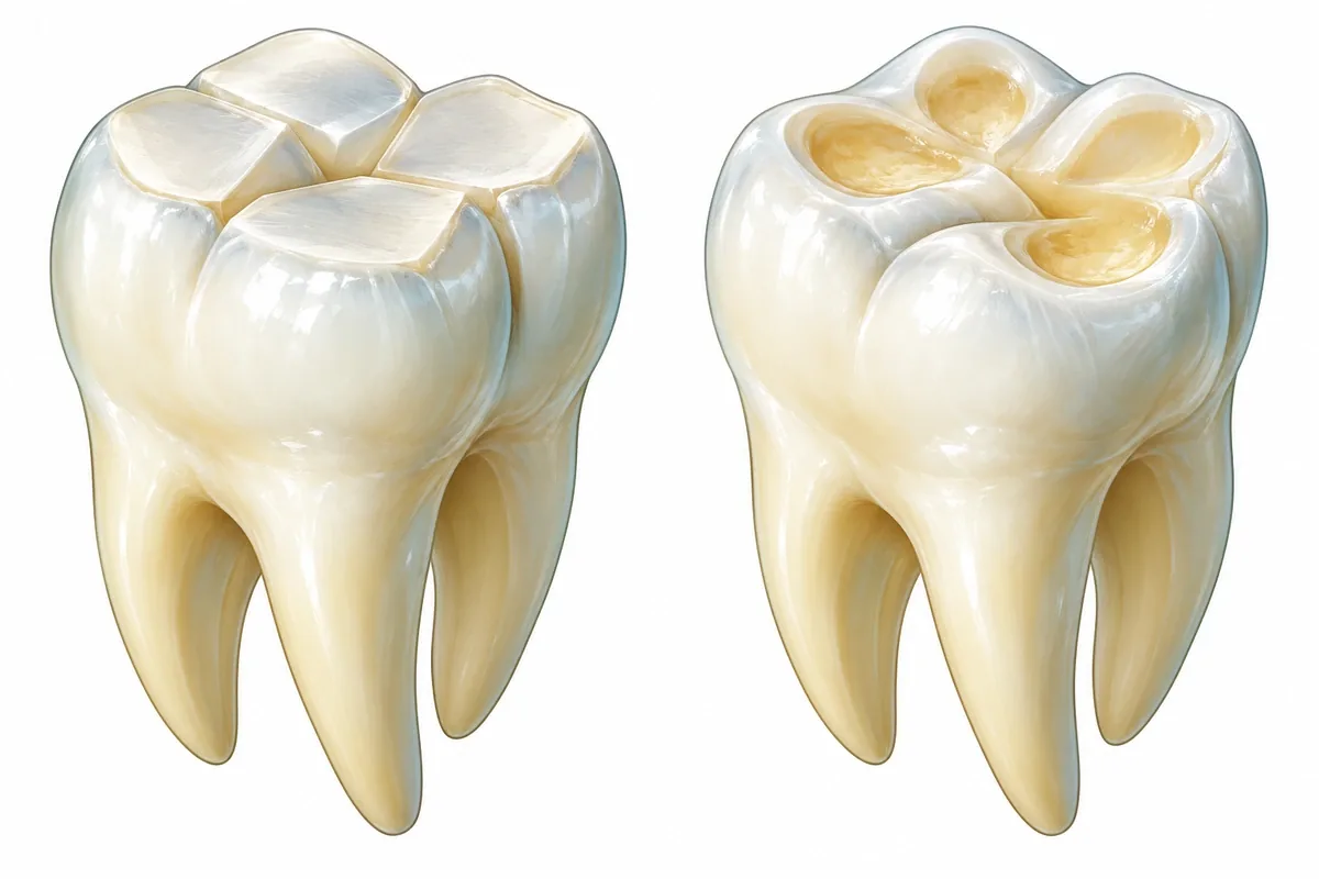 Side-by-side illustration of a molar with flat, matching grinding facets and a molar with smooth, cupped, acid-eroded surfaces