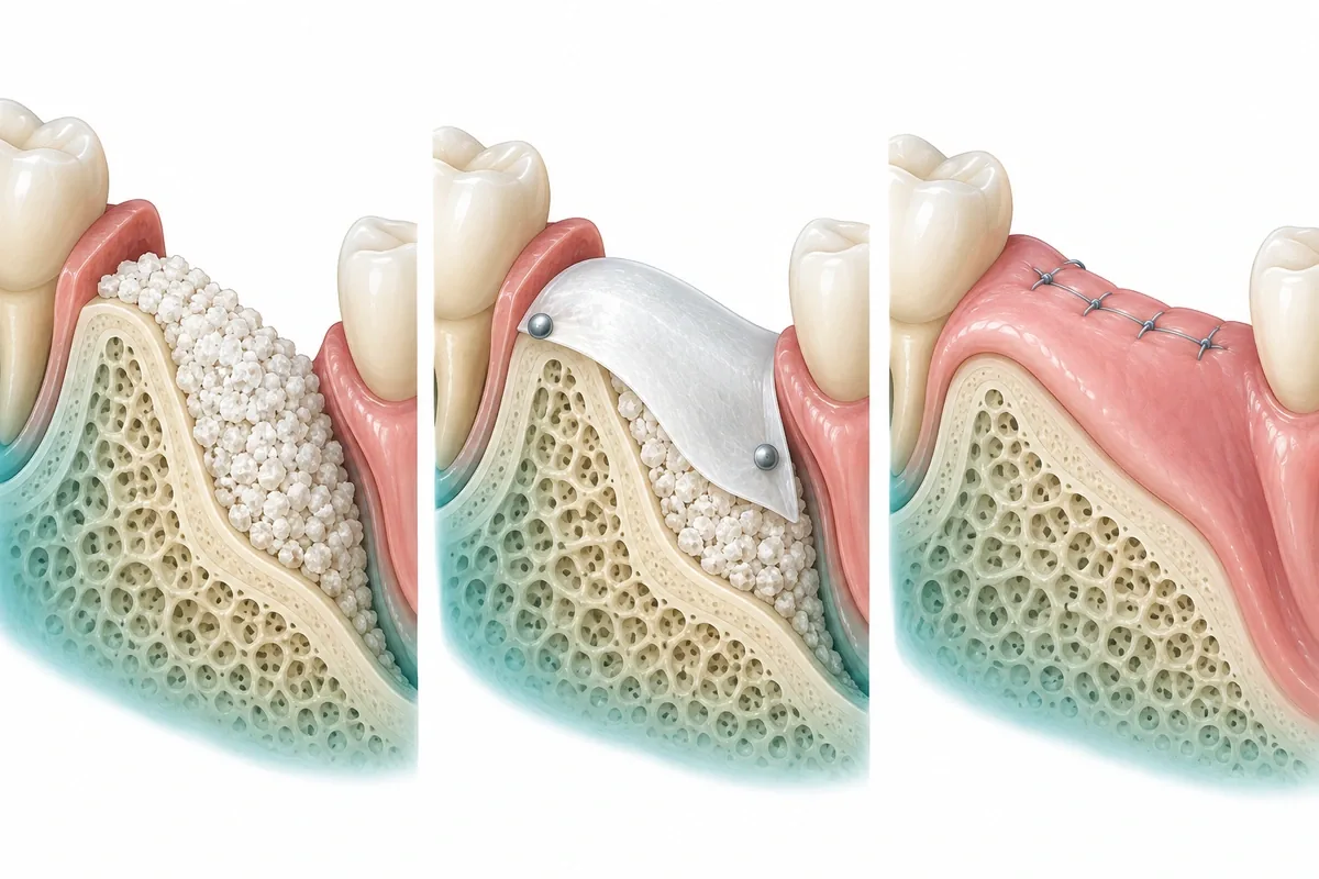 Illustration of graft granules on a jaw ridge covered by a membrane secured with small pins under the gum