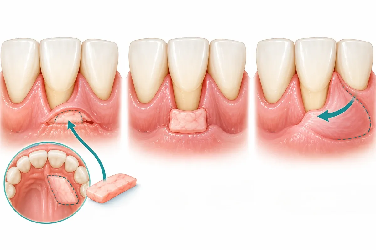 Illustration of three gum graft approaches: tissue from the palate placed under a flap, tissue placed on the surface, and a nearby flap moved sideways