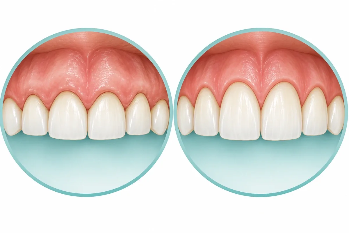 Illustration of upper front teeth before and after gum contouring, showing a higher, even gumline and longer-looking teeth