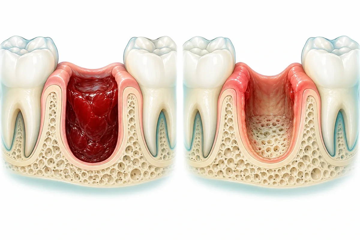 Two cross-section drawings of a tooth socket: one filled with a protective clot, the other empty with bone exposed