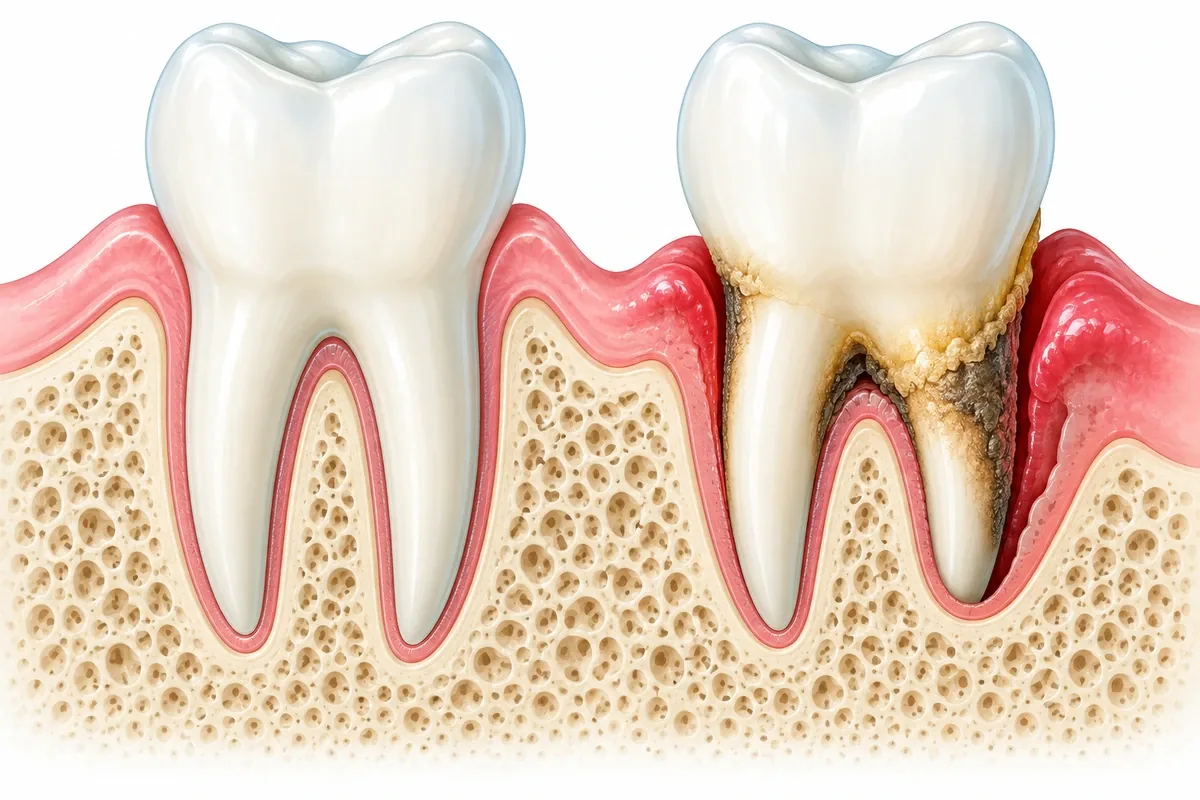 Cross-section illustration comparing a healthy gum attachment with a deep periodontal pocket, tartar, and lost bone