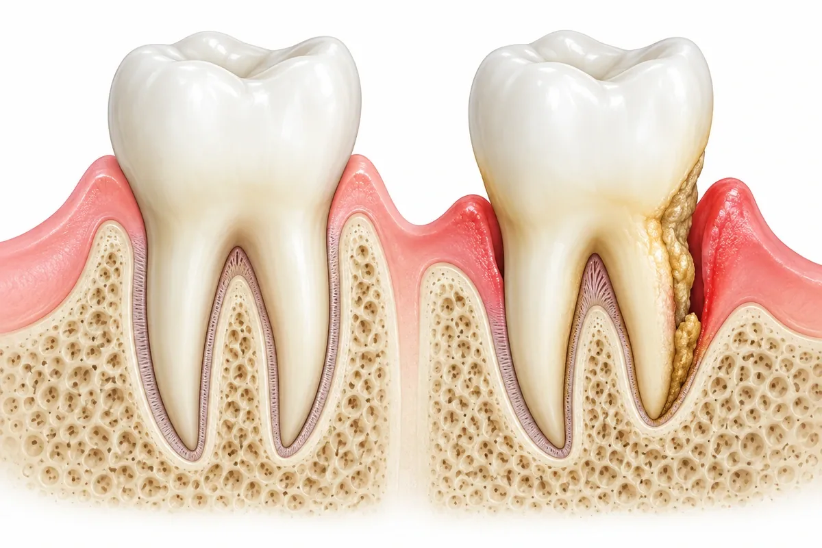 Cross-section illustration comparing a shallow healthy gum pocket with a deeper pocket holding tartar below the gumline