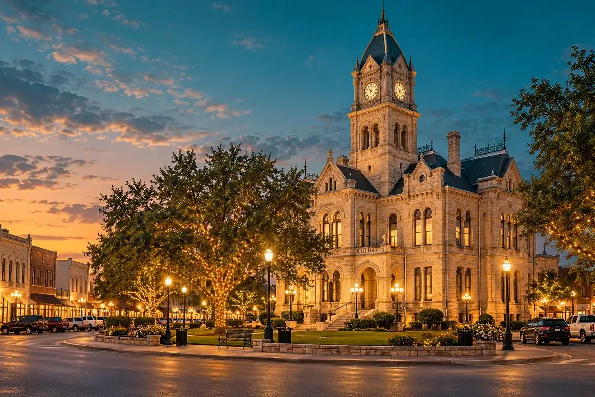 Ornate limestone county courthouse with a clock tower on a small-town square at dusk in Hillsboro, Texas