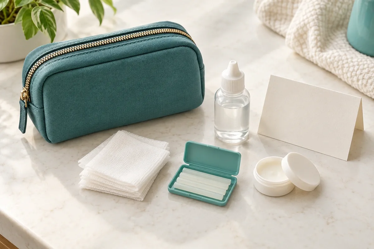 Small zip pouch beside gauze pads, a saline bottle, dental wax, a lidded container and a folded card