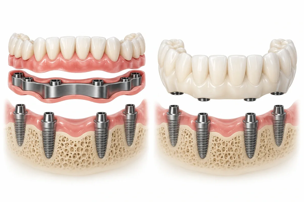 Cross-section illustration comparing an acrylic-on-titanium-bar bridge with a solid zirconia bridge over implants