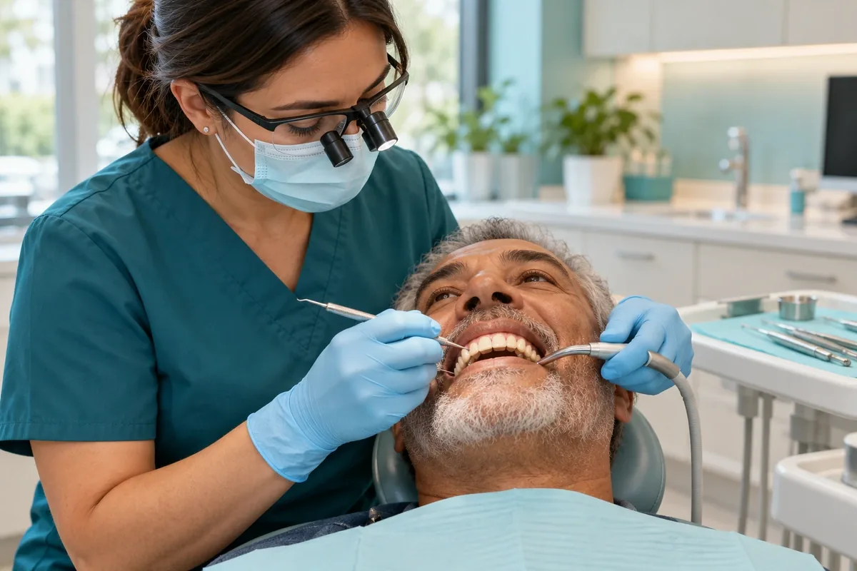 Dental hygienist using a fine instrument around an implant bridge while the patient reclines in the chair