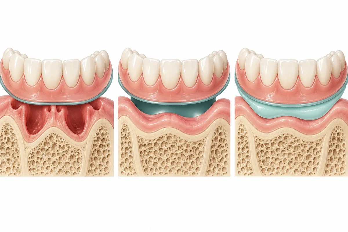Three-panel illustration showing a denture over fresh extraction sockets, the gums shrinking during healing, and a reline filling the new gap