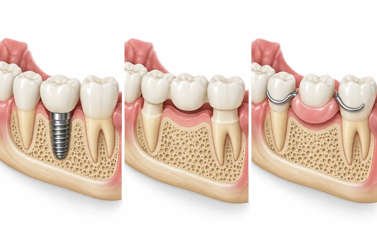 Three cross-section drawings of a missing-tooth space filled by an implant, a bridge on two neighboring teeth, and a removable partial denture
