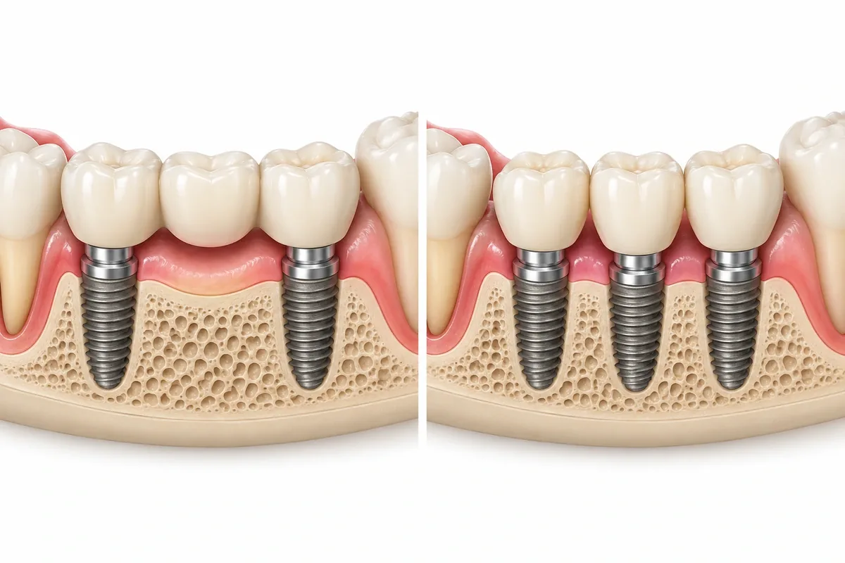 Illustration comparing three connected teeth on two implants with three separate implant crowns