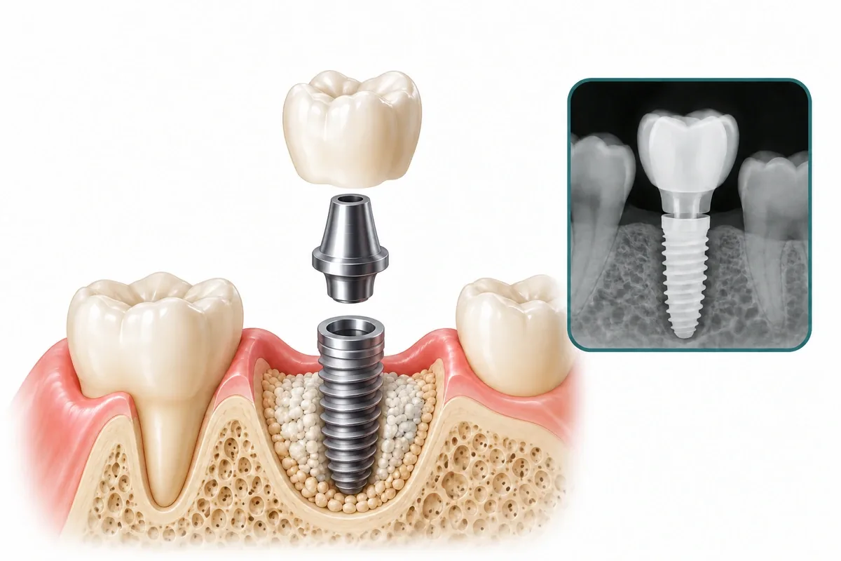 Illustration of a single implant with its parts separated: imaging, extraction, graft, implant, temporary, abutment and crown