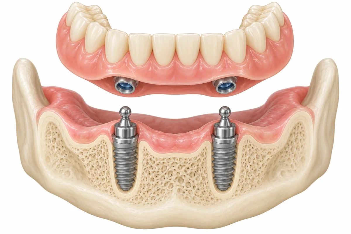 Cross-section illustration of a lower jaw with two implants, stud attachments and a denture seated over them