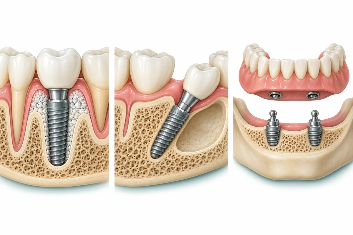Illustration comparing a grafted implant site, an angled implant avoiding a graft, and an implant-retained denture on a thin ridge