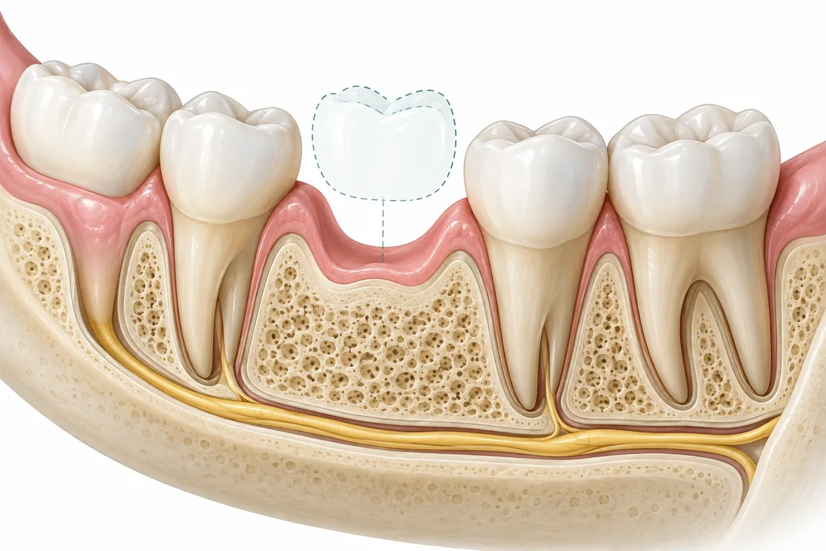Cross-section illustration of a jaw gap showing bone height and width, gum thickness, the nerve canal and the space for a crown