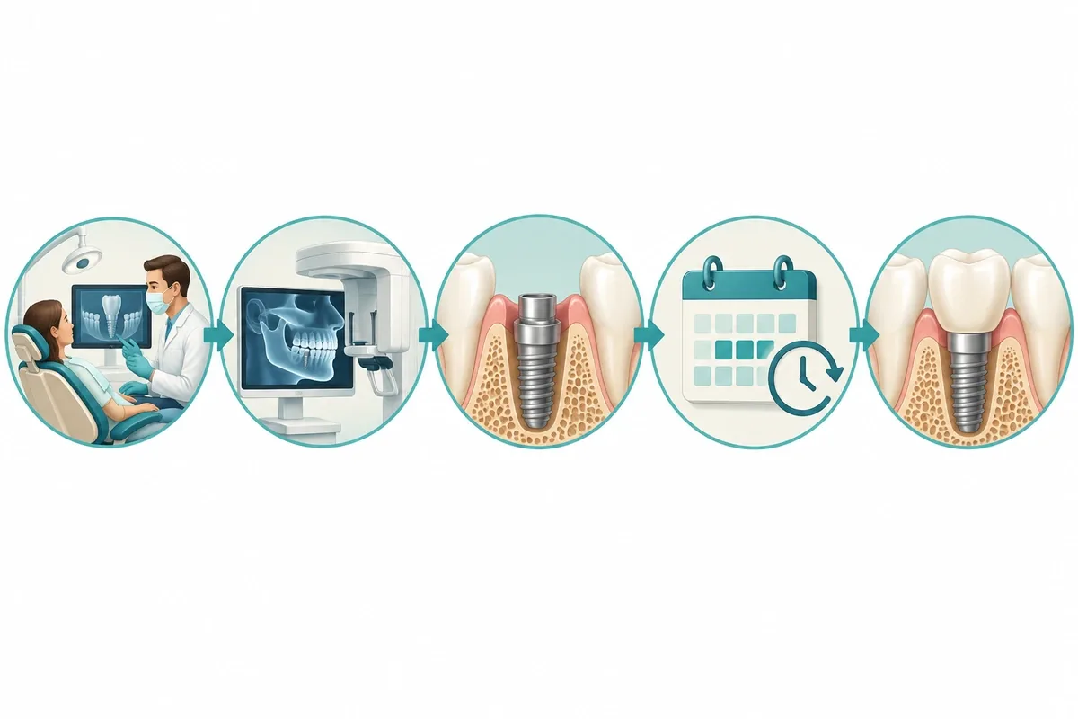 Illustrated row of dental implant treatment stages from consultation and scan to surgery, healing and final crown