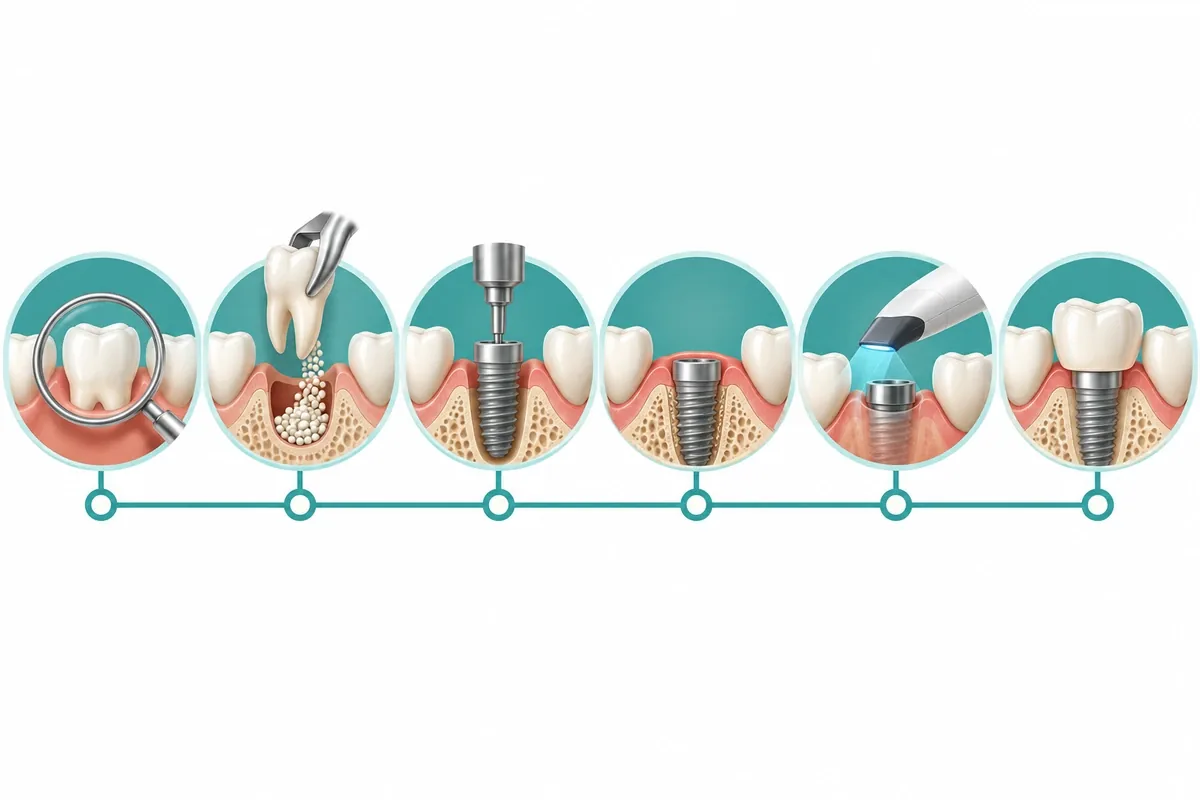 Horizontal illustrated timeline of implant stages: planning, extraction or graft, placement, healing, impression, final crown
