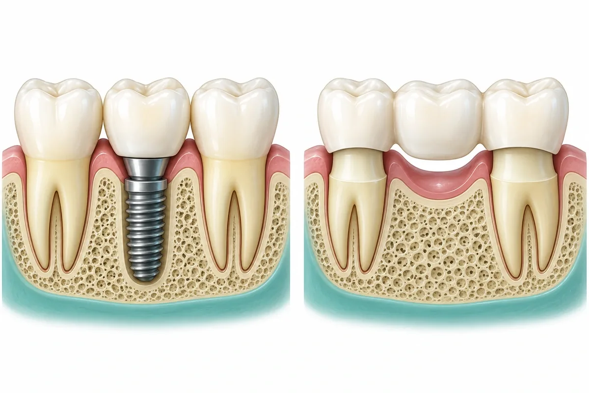 Side-by-side illustration of a single implant crown on a post in bone and a three-unit bridge resting on two prepared neighboring teeth