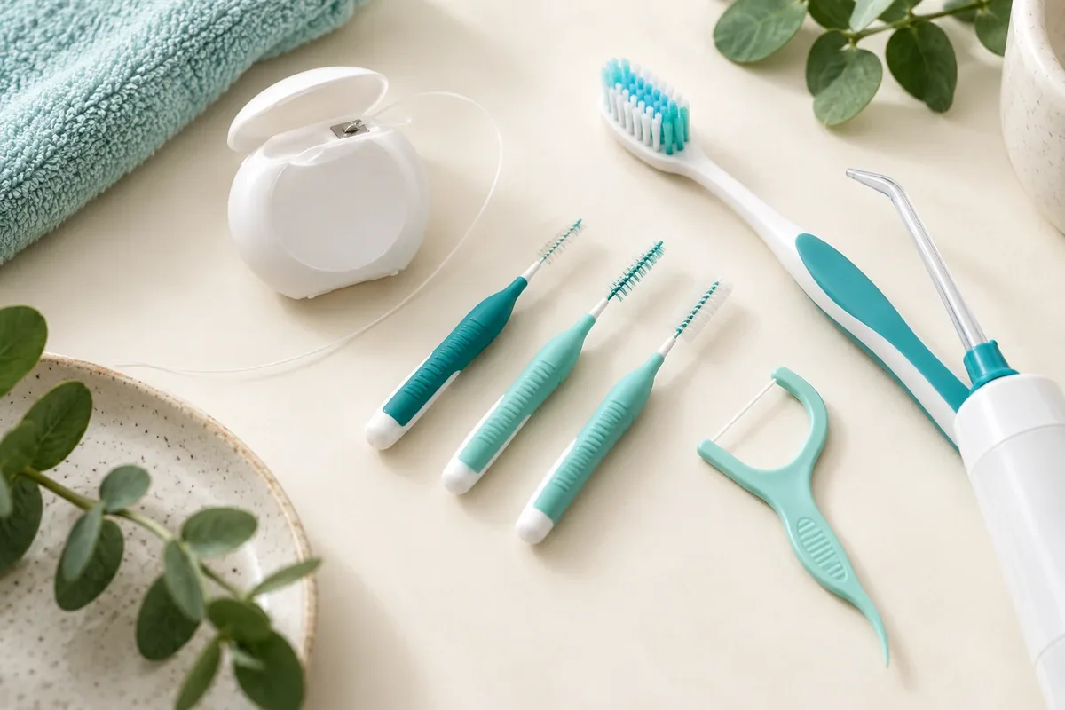 Interdental brushes in several sizes, floss, and a soft toothbrush laid out on a clean surface