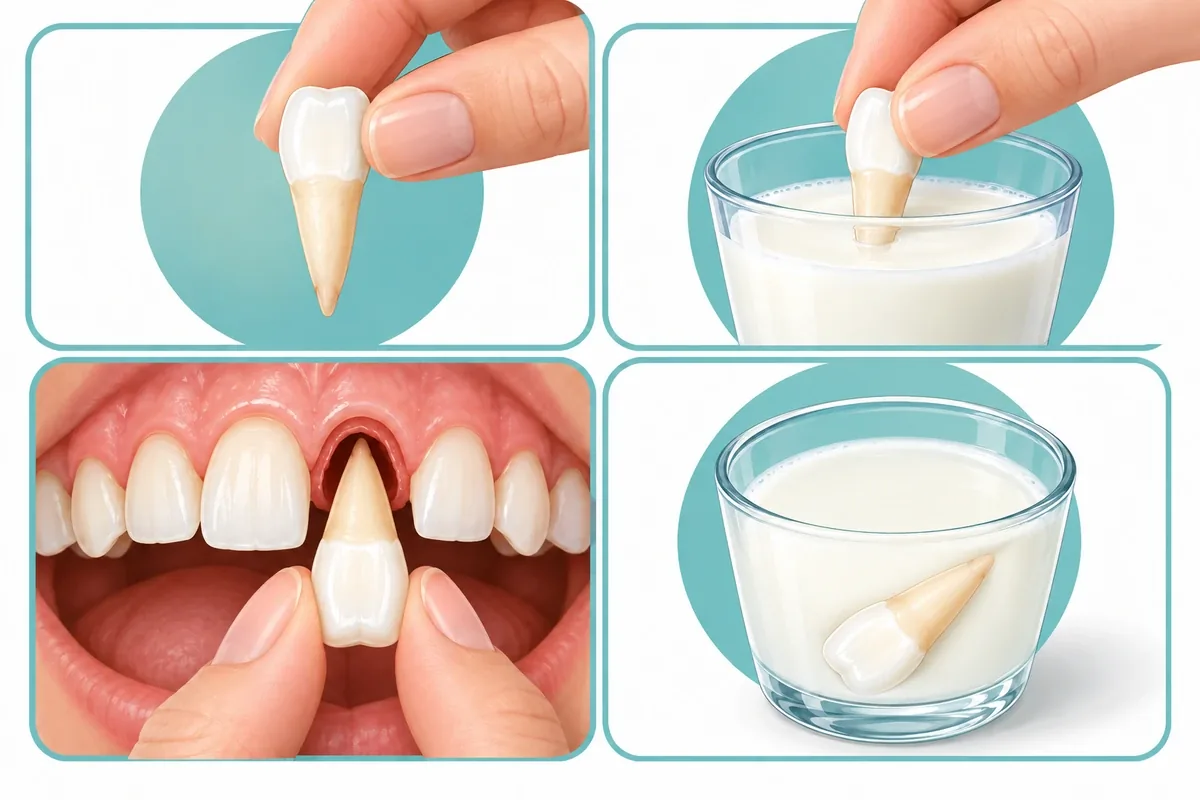 Four-panel illustration: hand holding a tooth by the crown, tooth rinsed in milk, tooth placed back in socket, tooth stored in a cup of milk