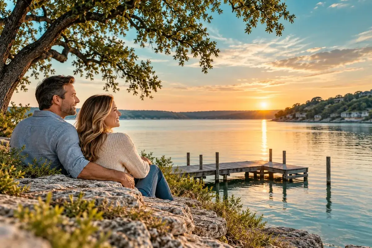 Calm lake water at sunrise with a wooden dock and live oaks along the shore near Granbury, Texas