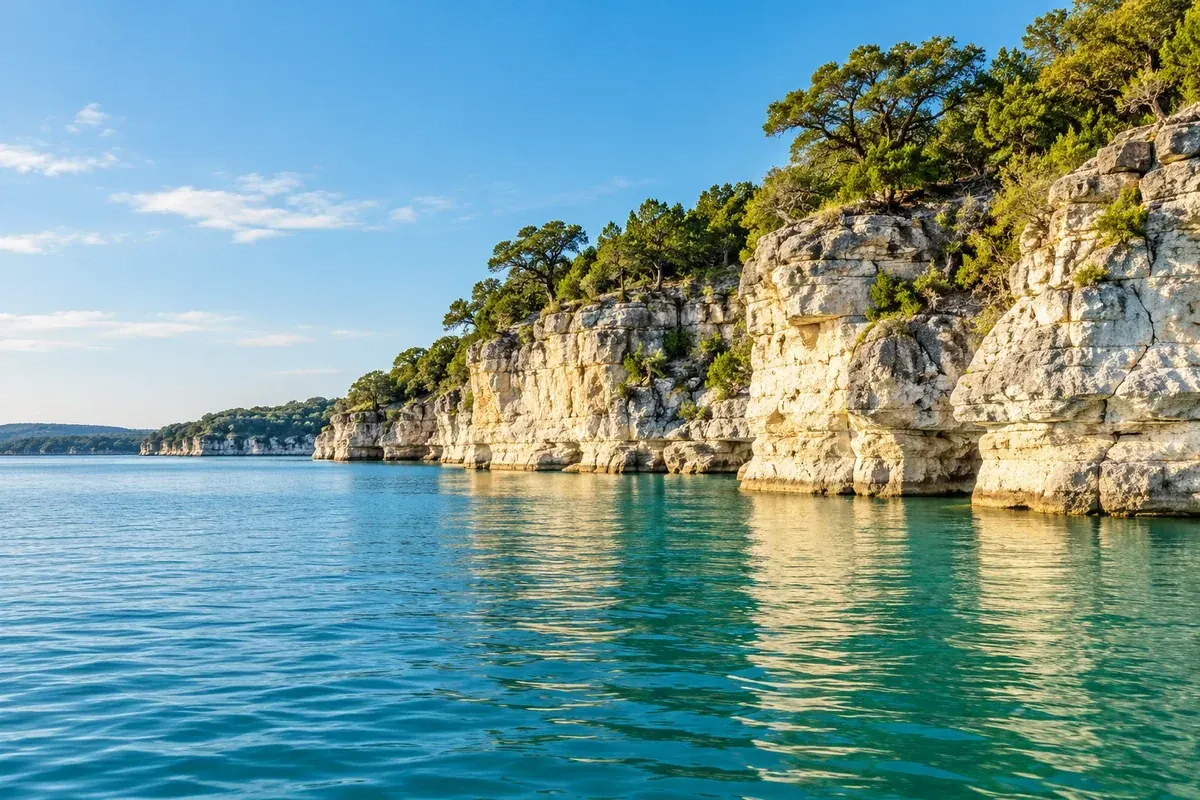 Pale limestone bluffs rising above calm blue-green water at Lake Whitney, Texas, with cedar on the ridge