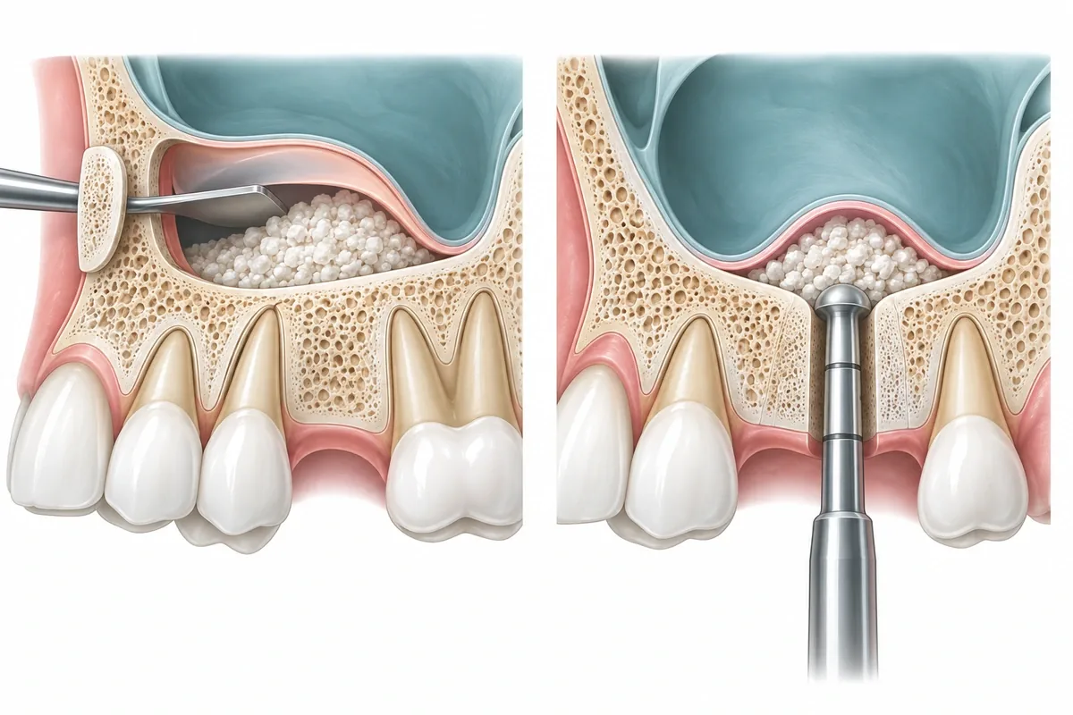 Illustration comparing a small side window approach and an approach through the implant socket for lifting the sinus floor