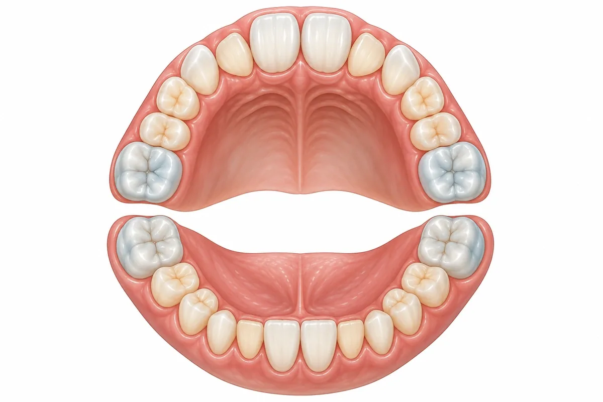 Illustration of a child's mixed dentition showing permanent front teeth and first molars alongside remaining baby teeth