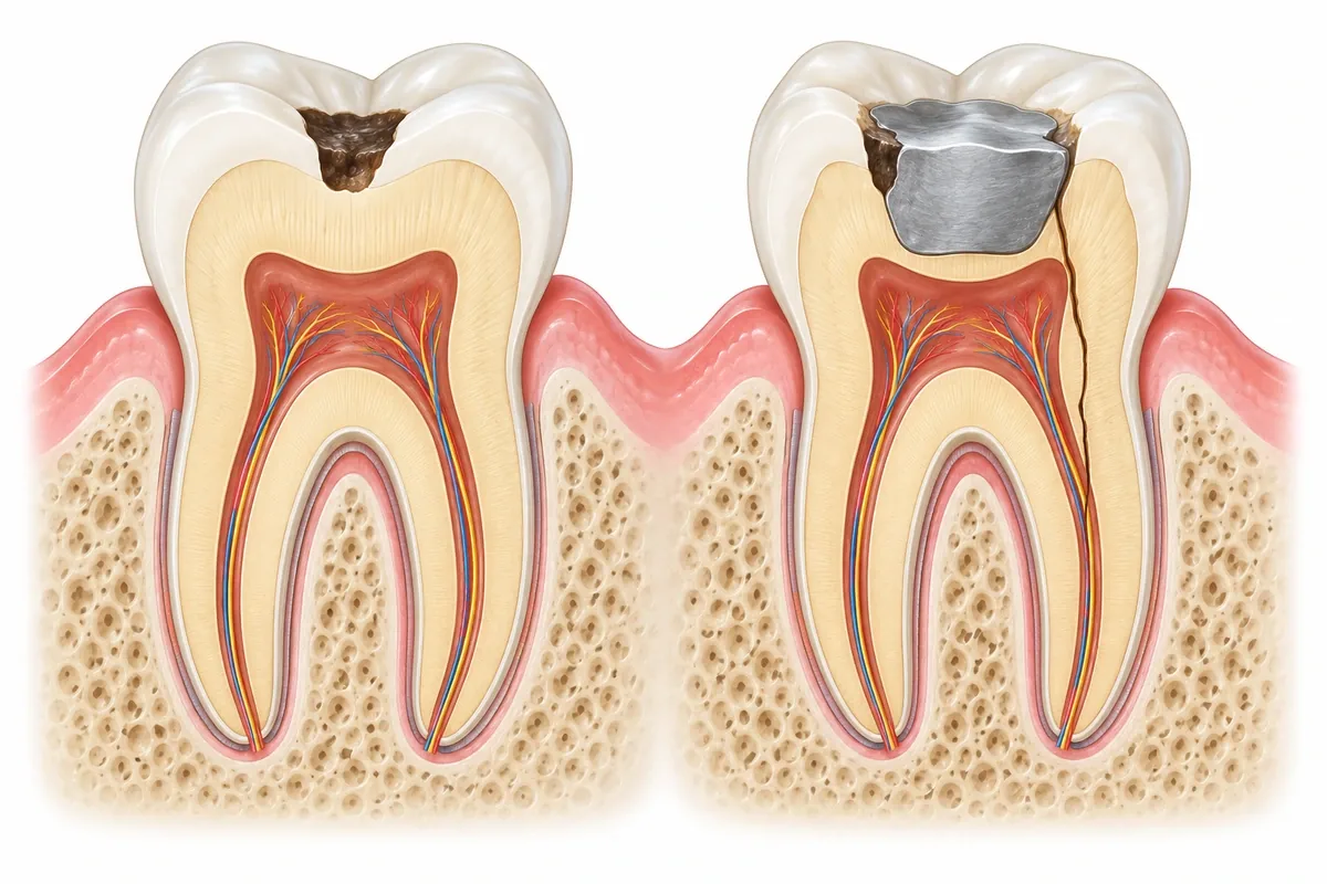 Illustration comparing two molars with equal-size cavities: one with thick remaining walls, one with thin walls and a crack