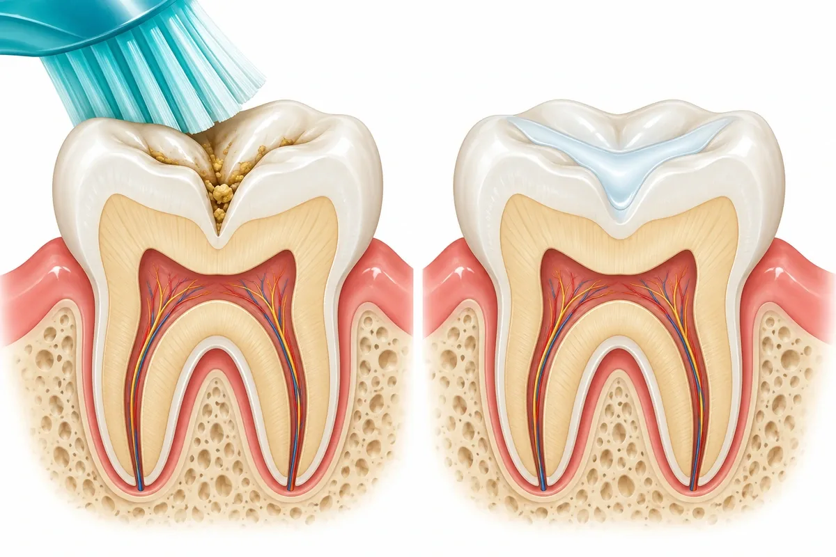 Cross-section illustration of a molar with deep narrow grooves trapping plaque beside the same tooth with grooves filled by a sealant