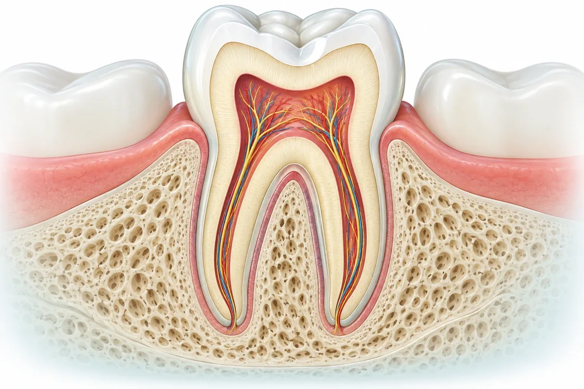 Cross-section illustration of a lower molar showing two roots, three canals, the pulp chamber and surrounding bone