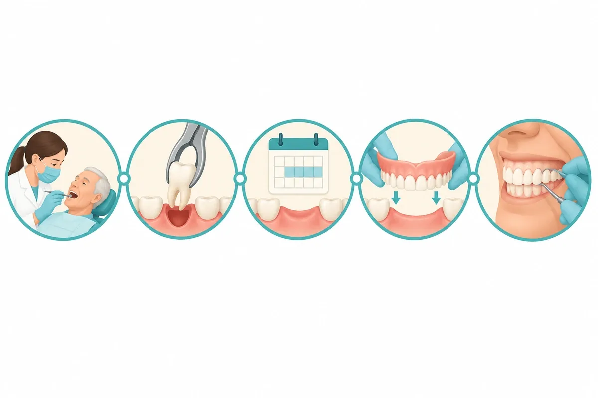 Illustrated sequence of five dental visits from consultation to final denture, with healing gaps between them