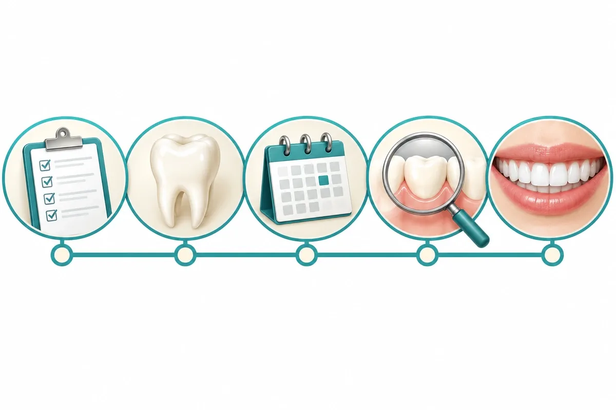 Simple timeline illustration showing consultation, surgery, healing checks and final teeth as separate visits