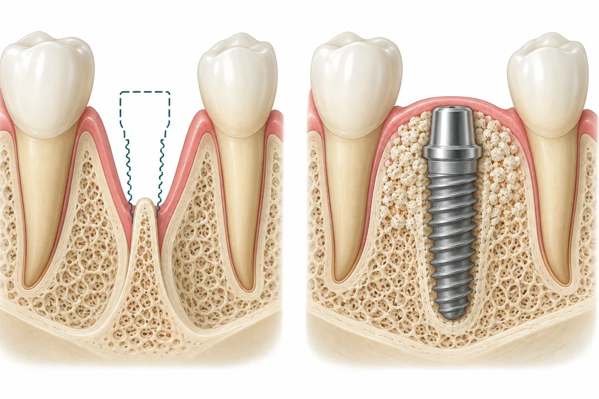 Cross-section illustration of a thin jaw ridge beside the same ridge widened with graft material and holding an implant