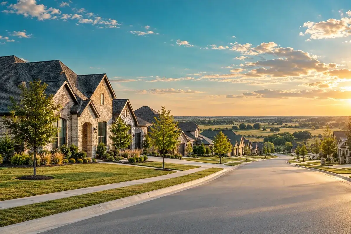 New single-family homes along a quiet street with open Texas prairie behind them, in the Godley area
