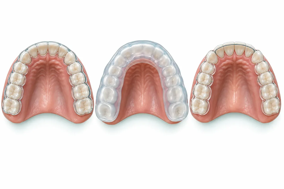 Illustration comparing a thin custom hard night guard, a bulky boil-and-bite guard and a clear orthodontic retainer on upper teeth