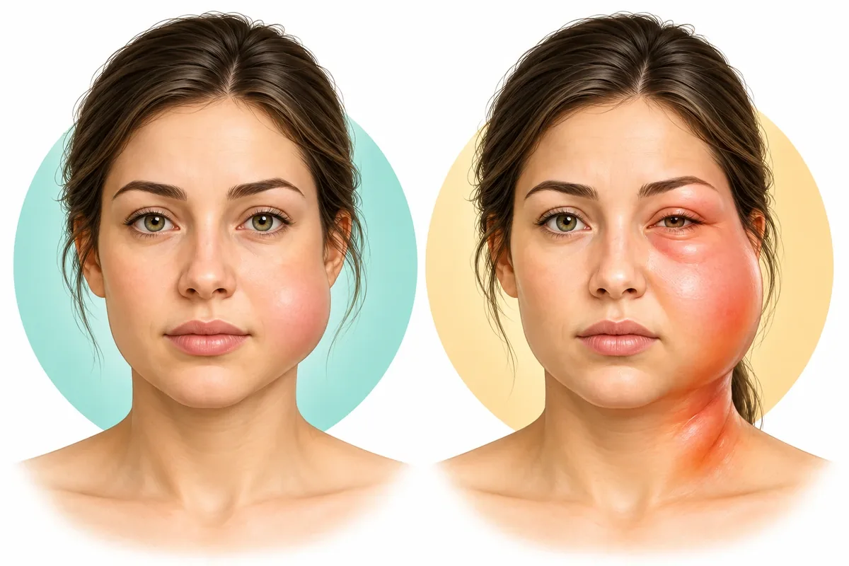 Two-column illustration contrasting a calm face with mild cheek swelling against a face with spreading swelling toward the eye and neck