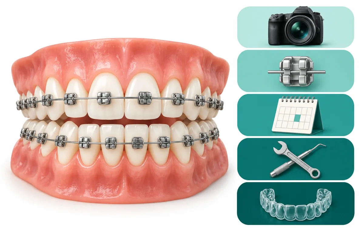 Illustration of the parts of an orthodontic fee shown as stacked blocks: records, appliance, visits, repairs or refinements, retainers