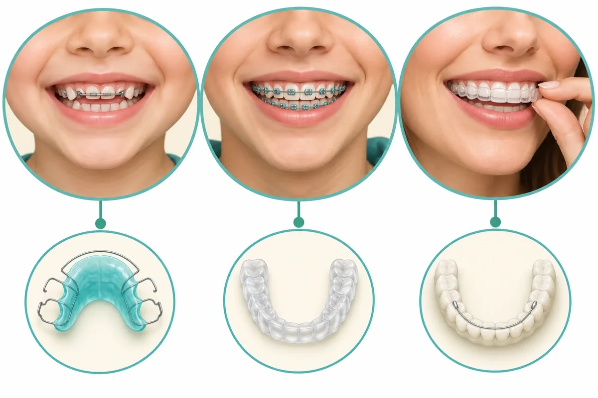 Illustration of three orthodontic pathways by age: a child's evaluation and possible early appliance, a teen with braces or aligners, an adult with aligners and a retainer