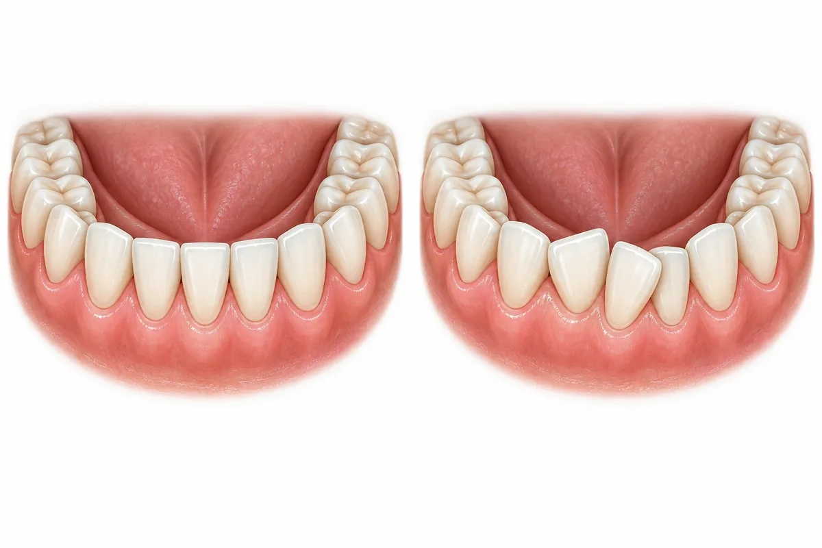 Illustration comparing aligned lower front teeth with the same teeth years later showing mild overlapping and rotation