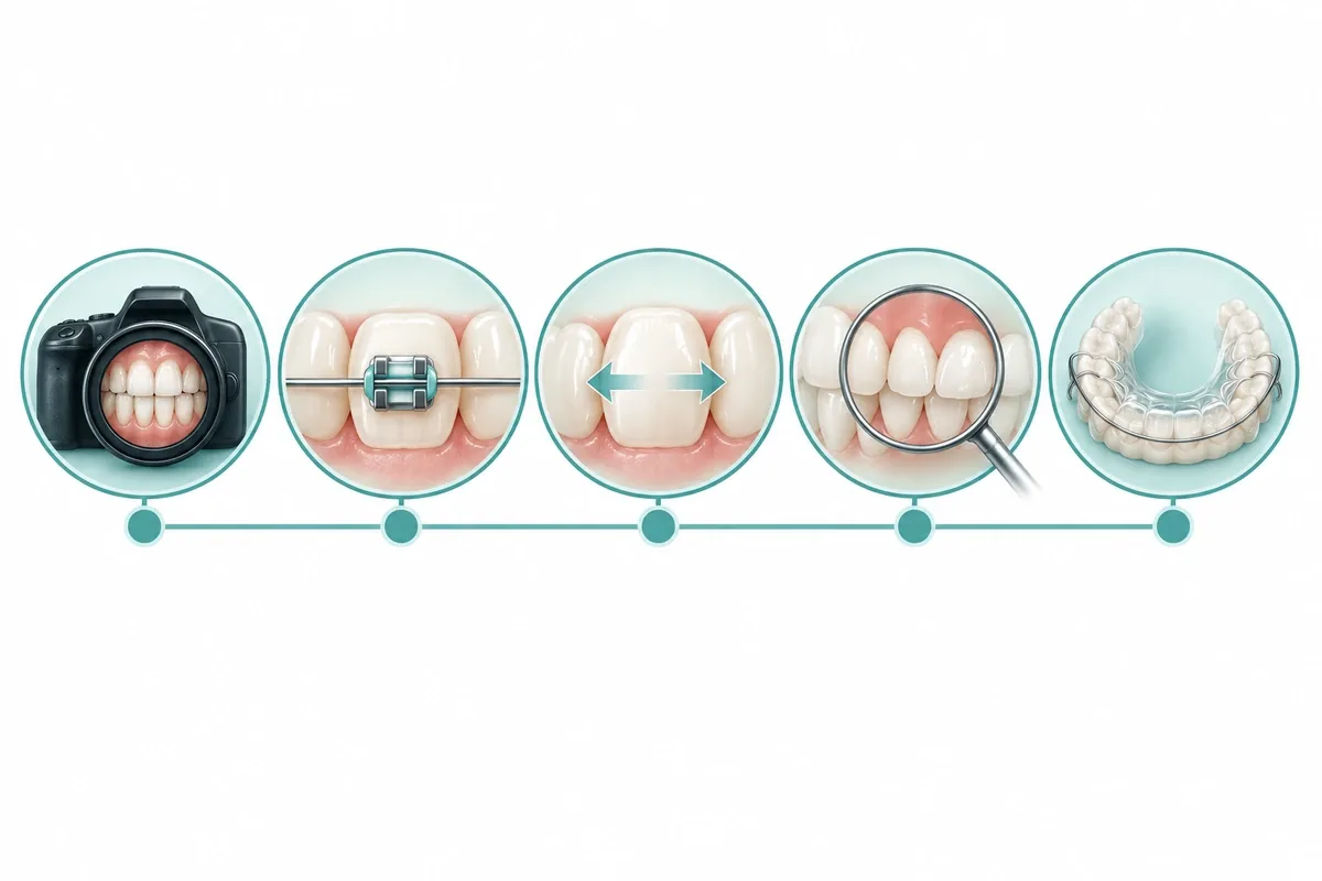 Illustration of orthodontic treatment stages along a line: records, placement, active movement, finishing, retention