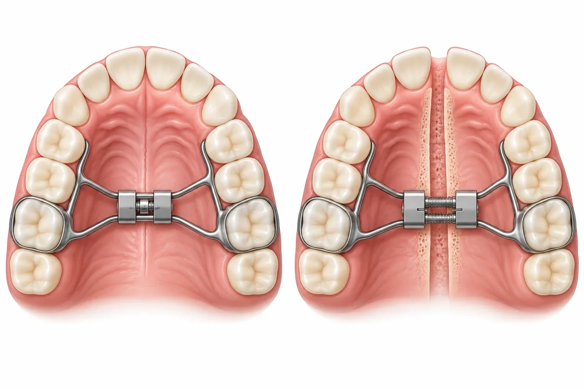 Illustration of an upper jaw from below before and after expansion, with the two halves separated at the mid-palate seam