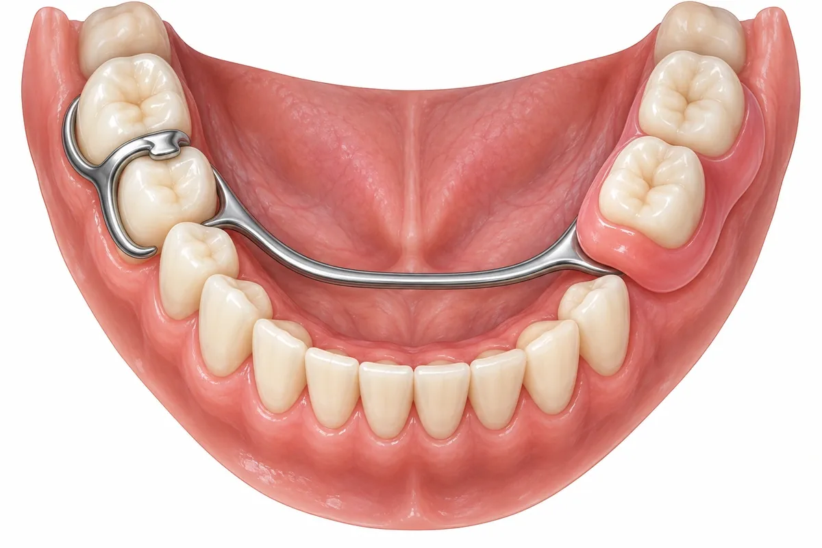 Illustration of a partial denture showing clasp, rest seat on a natural tooth, connector bar and replacement teeth on a pink saddle