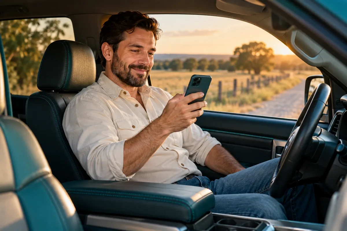 Person seated in a parked pickup reading an appointment confirmation on a phone before driving
