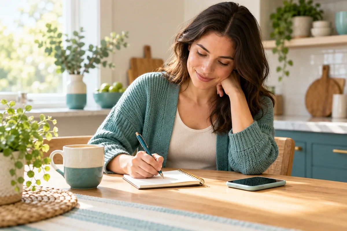 Person at a kitchen table writing a short list of questions in a notebook beside a phone