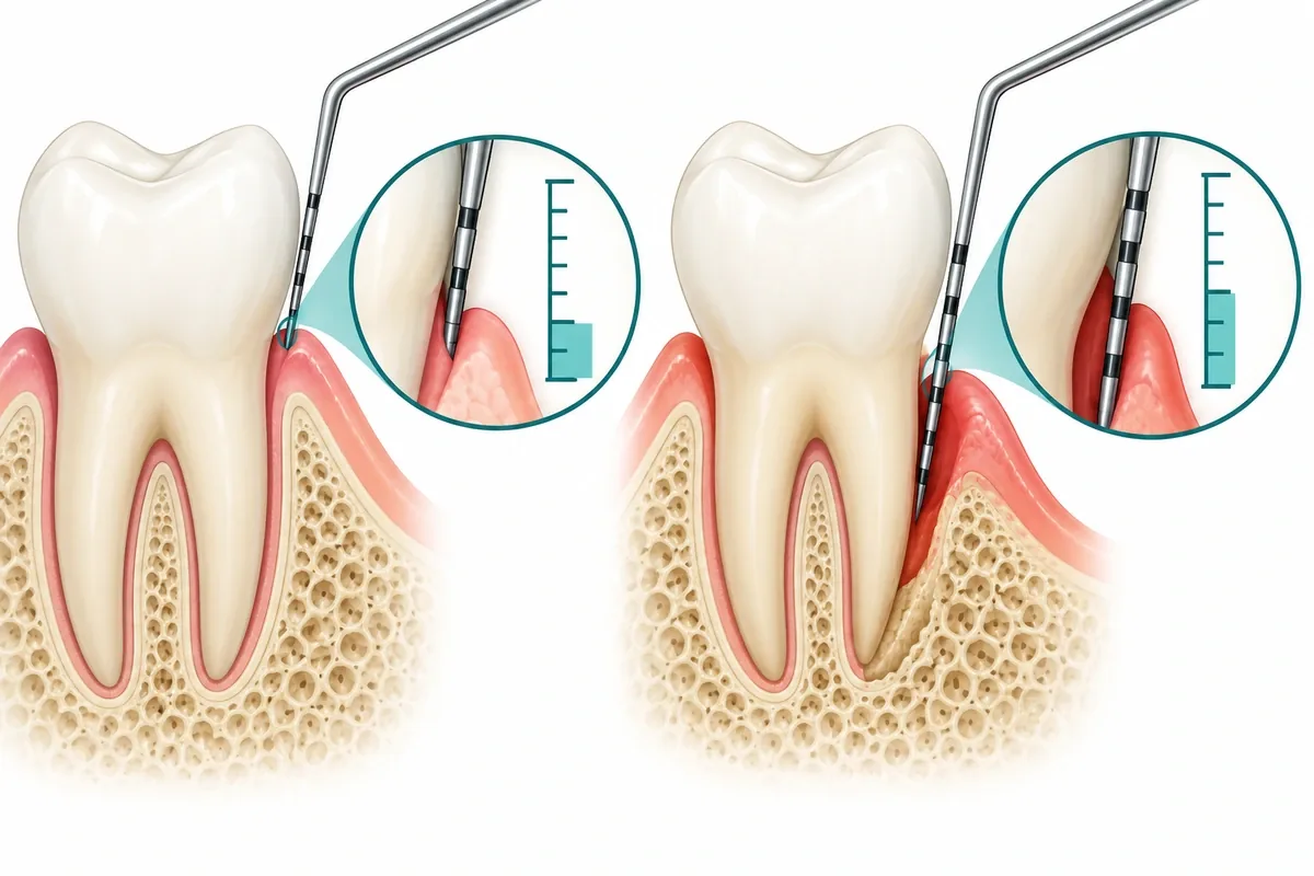 Illustration of a probe in a gum pocket beside a scale showing shallow healthy depth and deeper diseased depth
