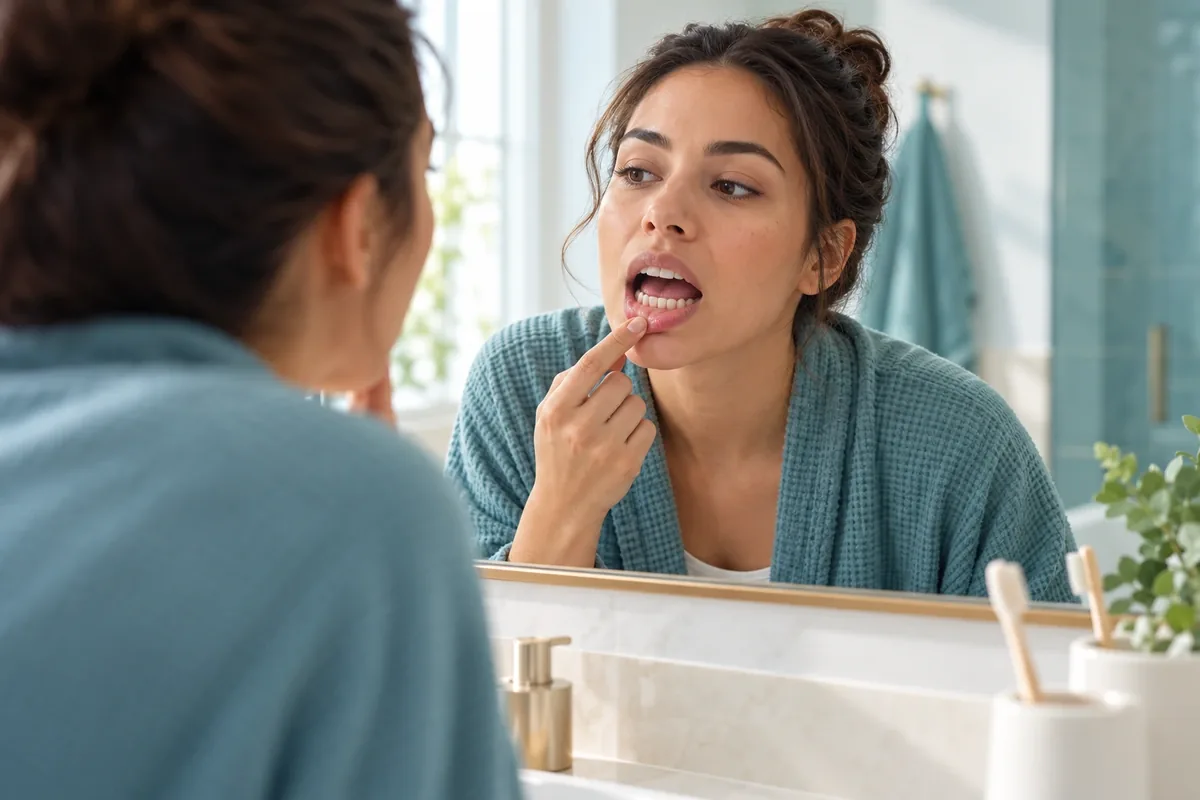 Adult pulling down their lower lip to look inside their mouth in a bathroom mirror